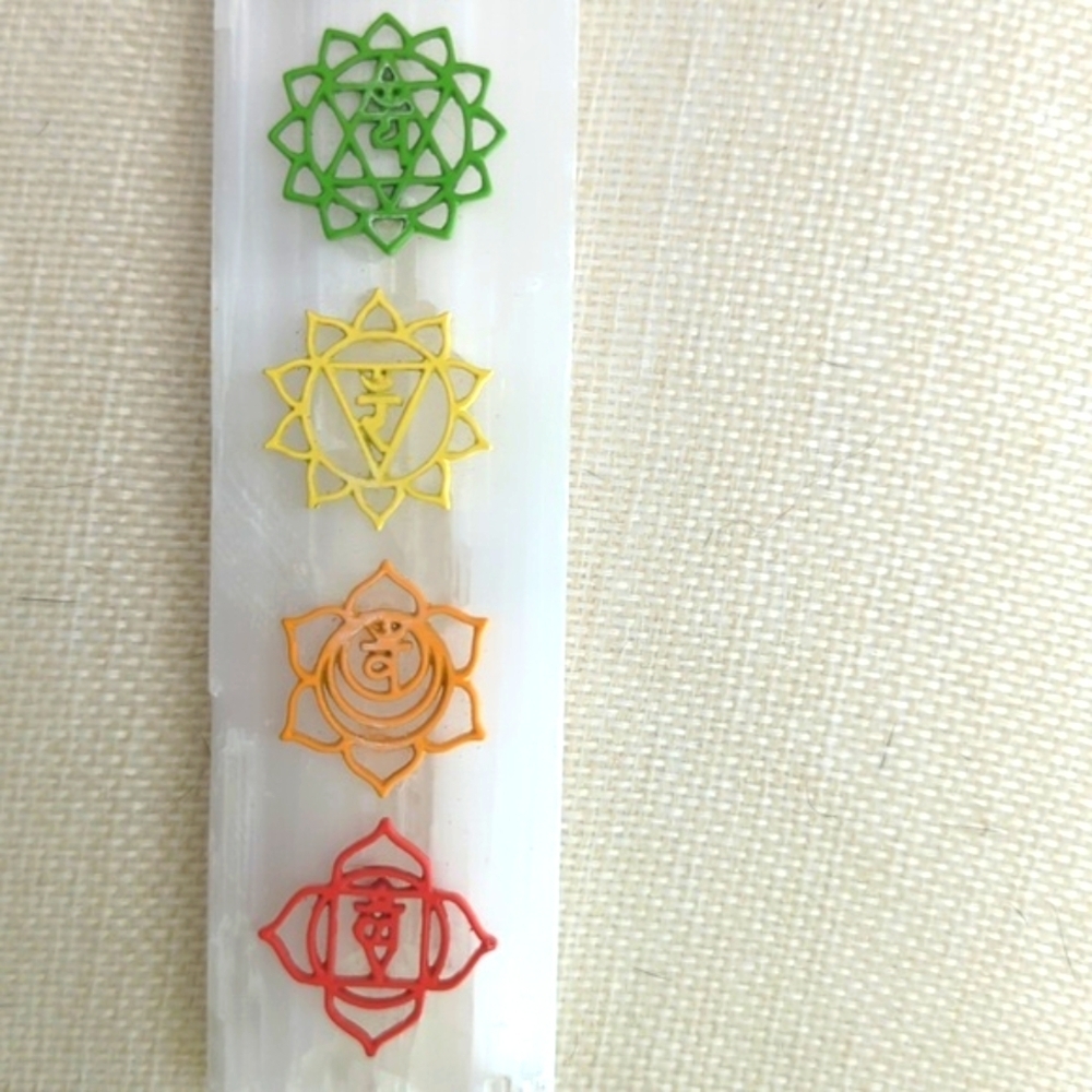 Selenite Wand with Colorful Chakra Symbols 8" Long - Picture 3 of 4